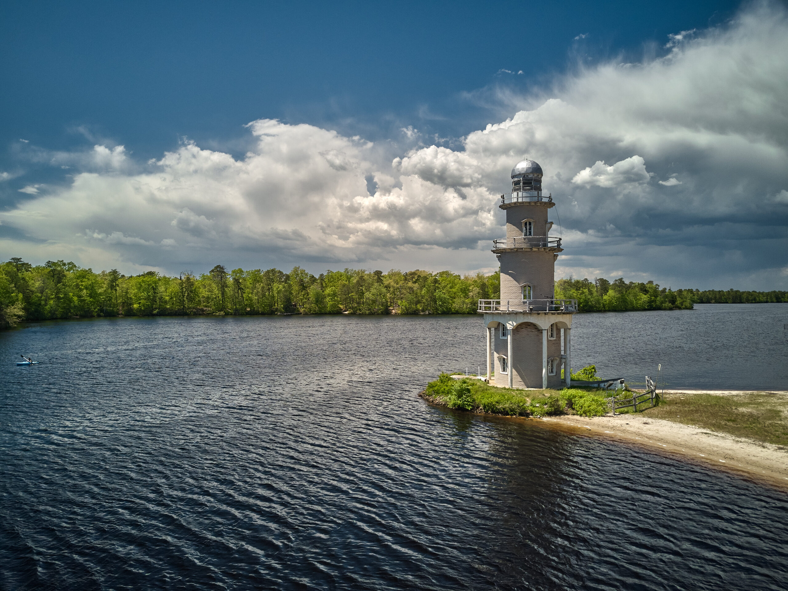 Aerial Drone image of the Lenape Lake Lighthouse in Mays Landing, New Jersey