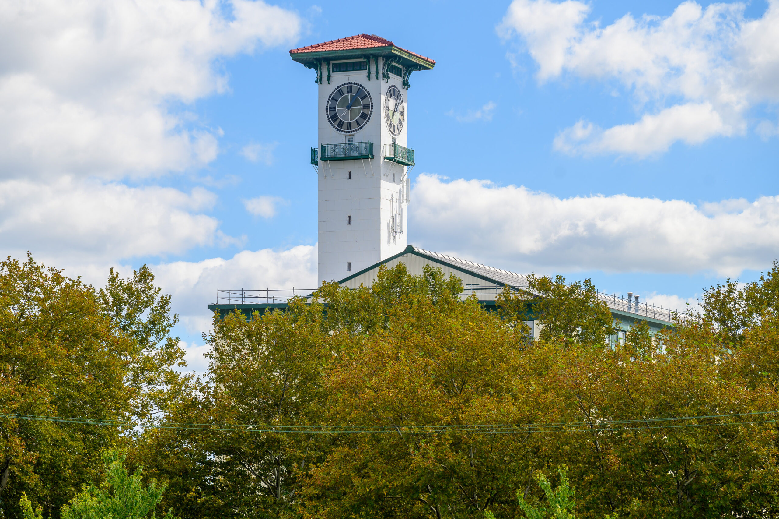 Grundy Commons clock tower in Bristol, Pennsylvania