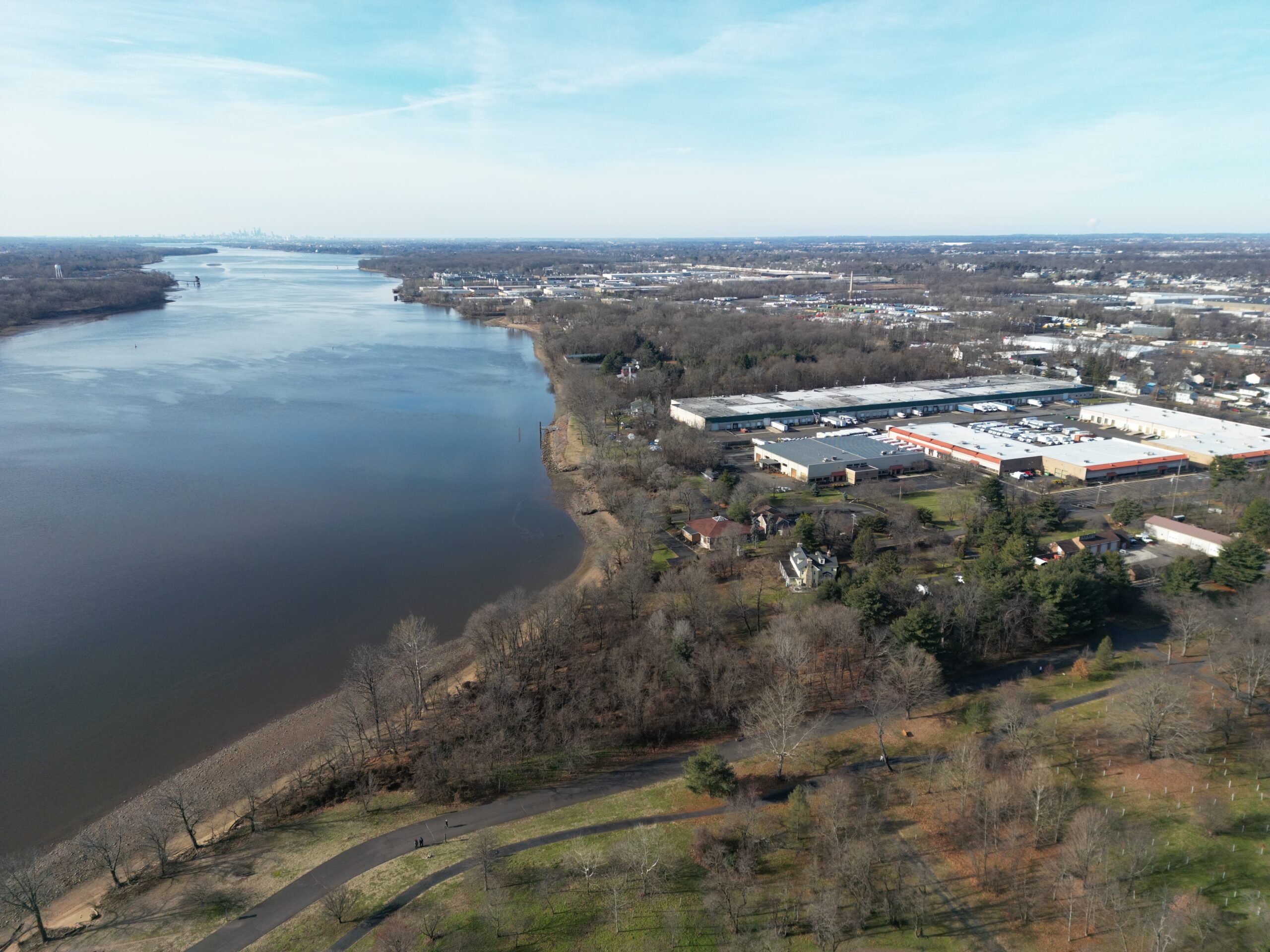 Aerial view of the Delaware River. Neshaminy State Park, PA, United States