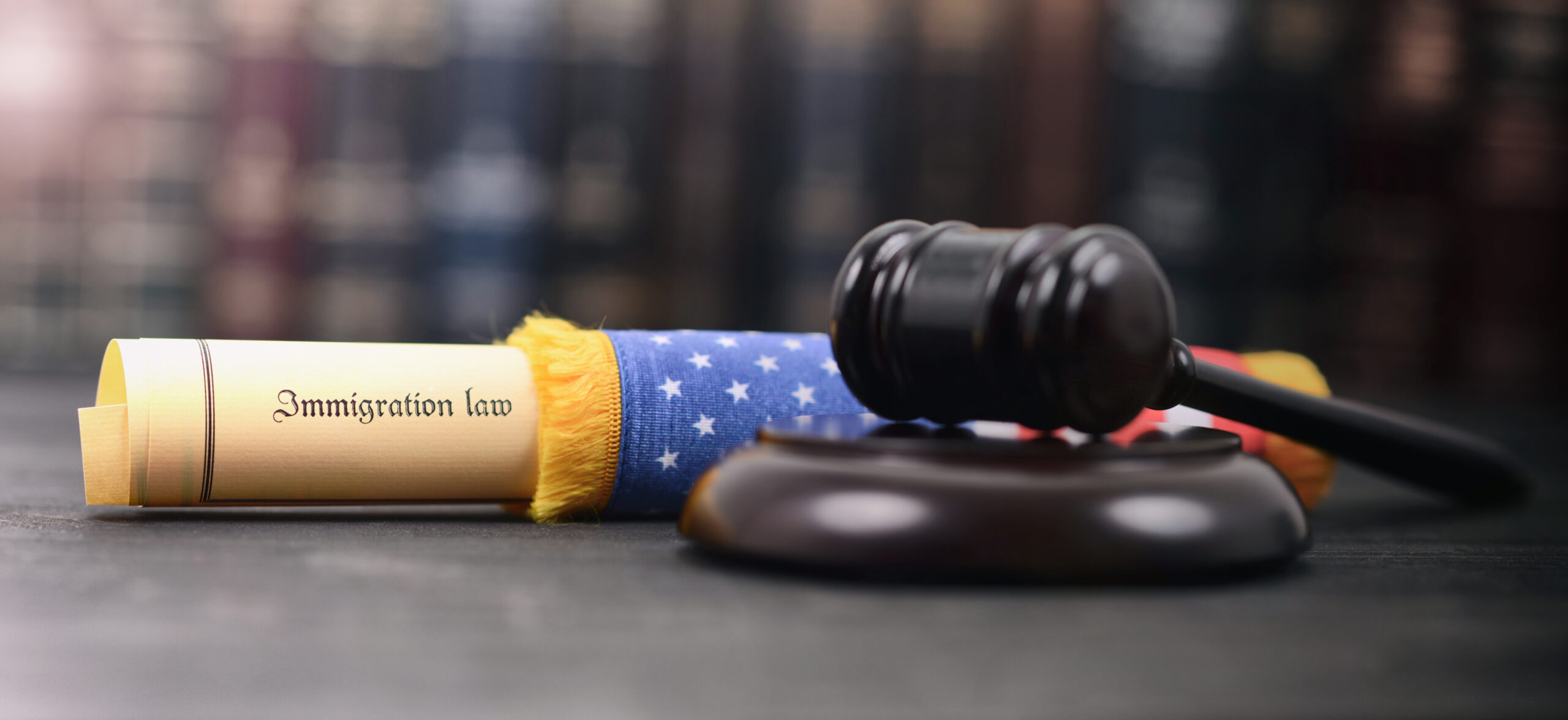 Immigration Law wrapped in a USA flag, Immigration Regulation concept and Judge Gavel.