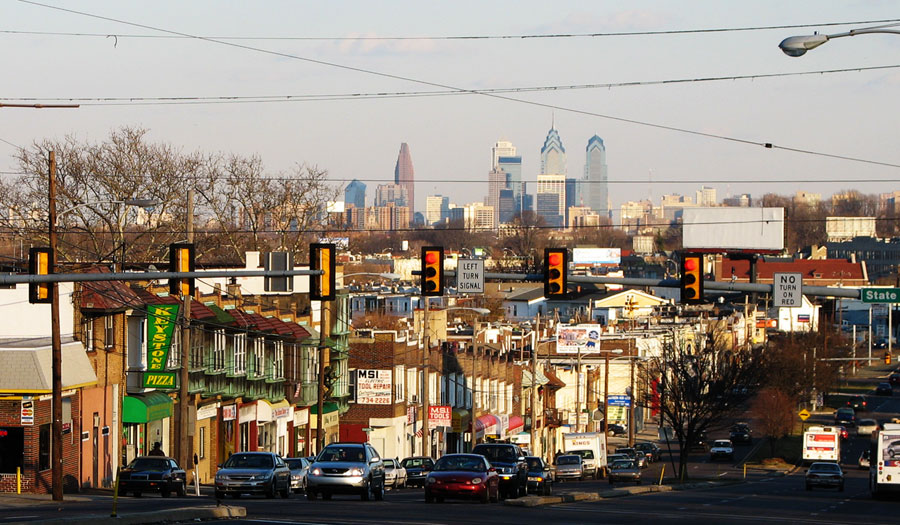 Aerial view of busy street in Darby, PA overlooking Philadelphia