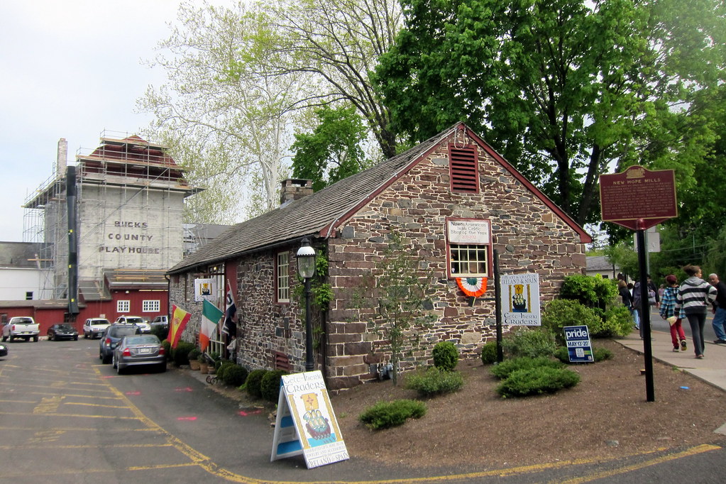 exteriot shot of the New Hope: Parry Barn and Bucks County Playhouse, old brick historic buildings.