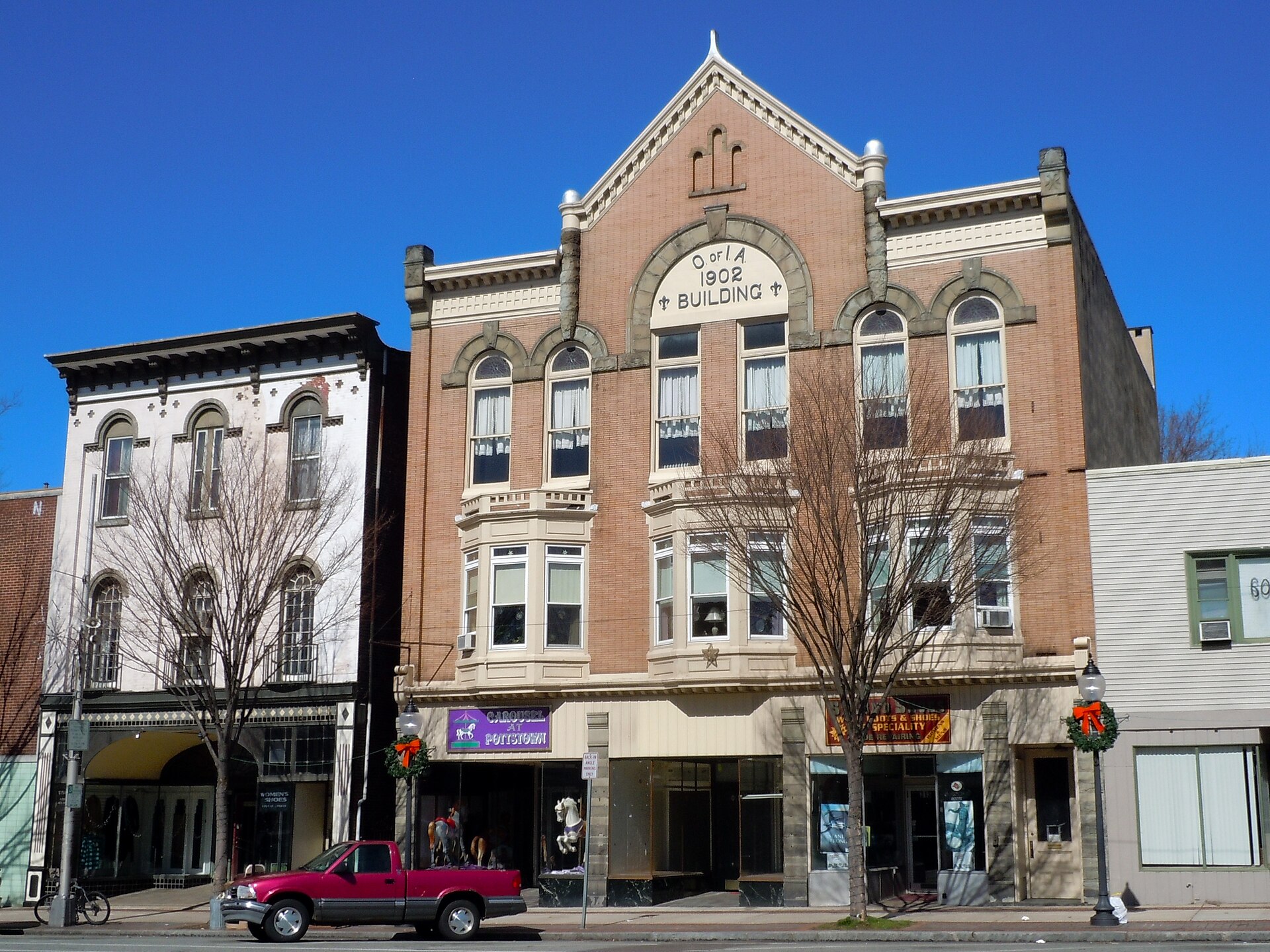 Historic 1902 brick building of the Order of Independent Americans on High Street in Pottstown, Pennsylvania