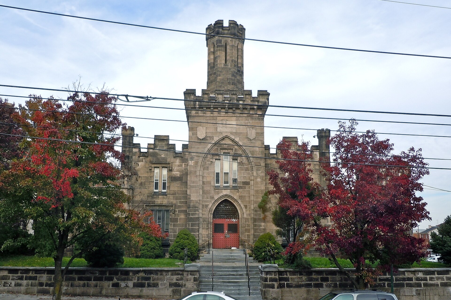 Odd castle-style building on Airy Street, Norristown, Montgomery County, Pennsylvania. Part of the Central Norristown Historic District on the NRHP since November 23, 1984. The Historic District is roughly bounded by Stoney Creek, Walnut, Lafayette, and Fornace Streets, Norristown, Montgomery County, Pennsylvania.