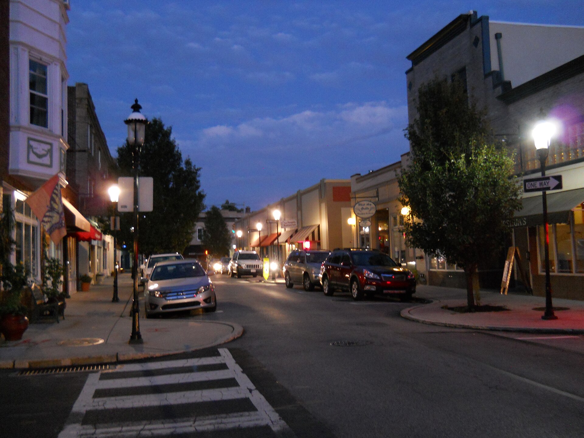 Streetscape along West Avenue in Jenkintown, Pennsylvania, featuring local businesses, sidewalks, and parked cars in a small-town commercial district.