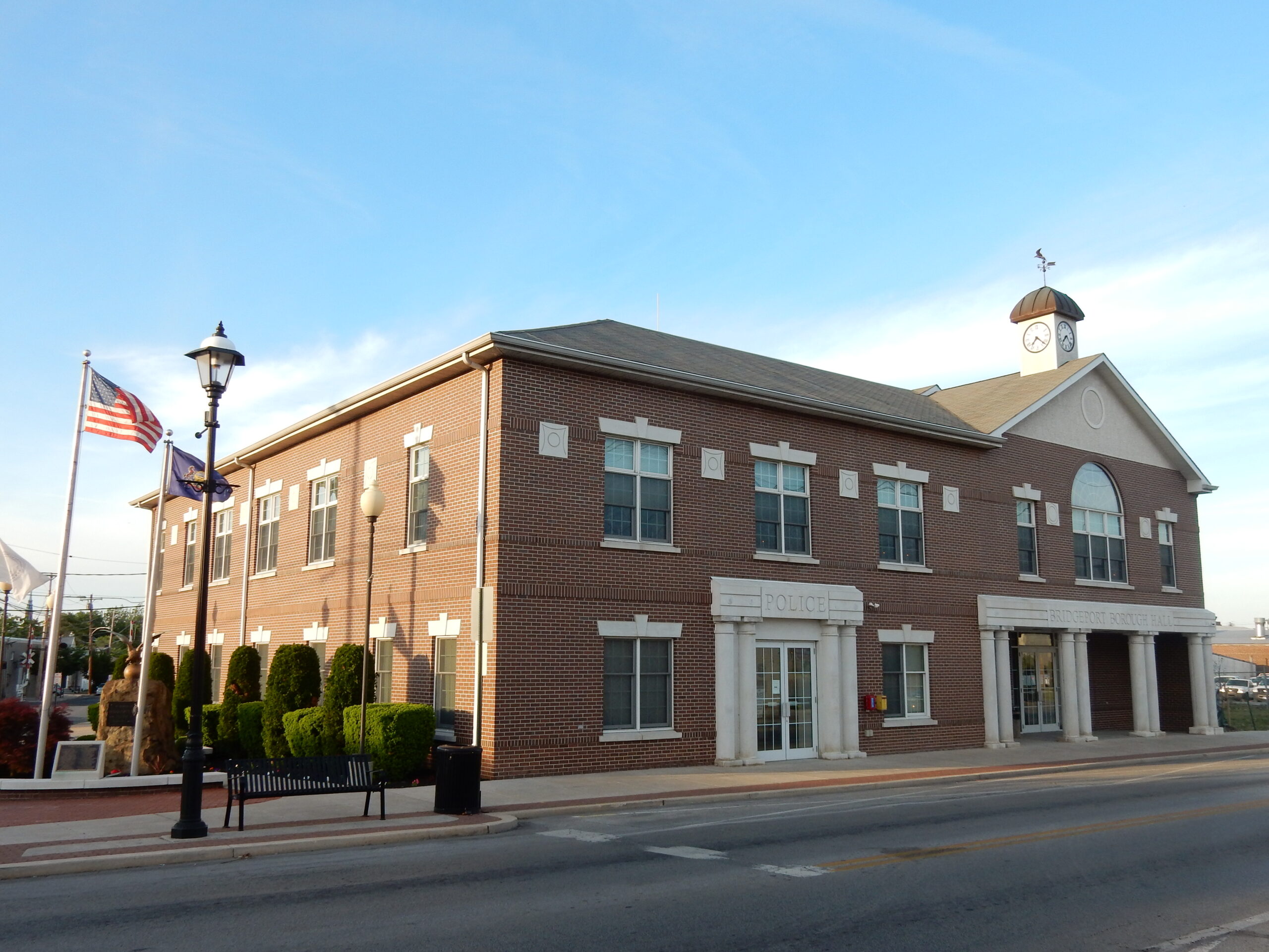 Bridgeport Borough Hall in Montgomery County, Pennsylvania, featuring a municipal building with landscaped grounds and a civic entrance.