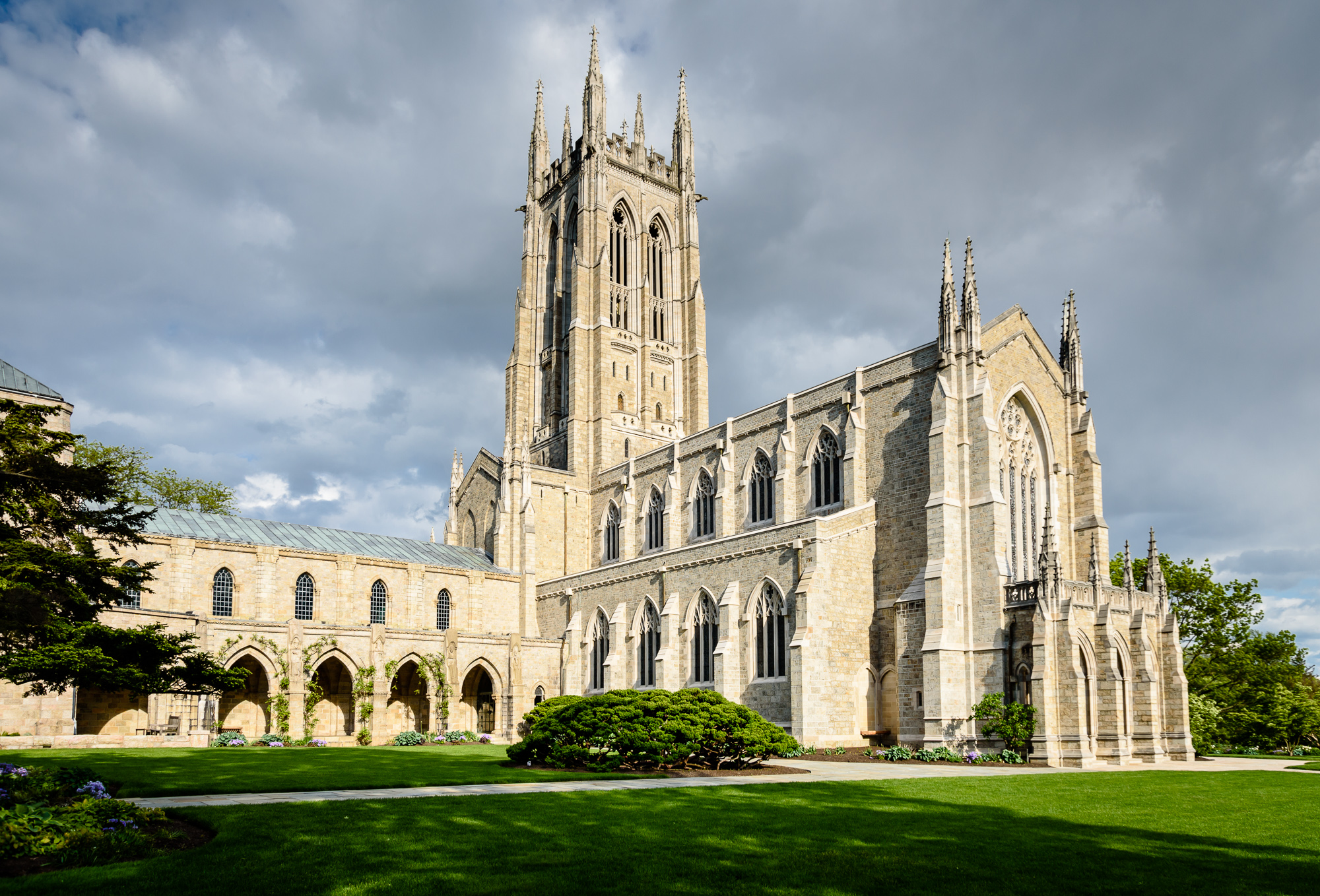Larry Lamb Bryn Athyn Cathedral in Montgomery County, Pennsylvania, featuring Gothic Revival architecture with stone walls, towers, and ornate detailing.